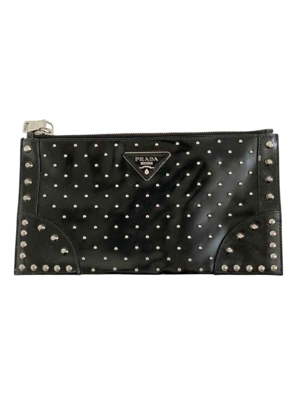 Prada Studded Leather Pochette Crossbody Bag Black Silver Studs Chain Strap